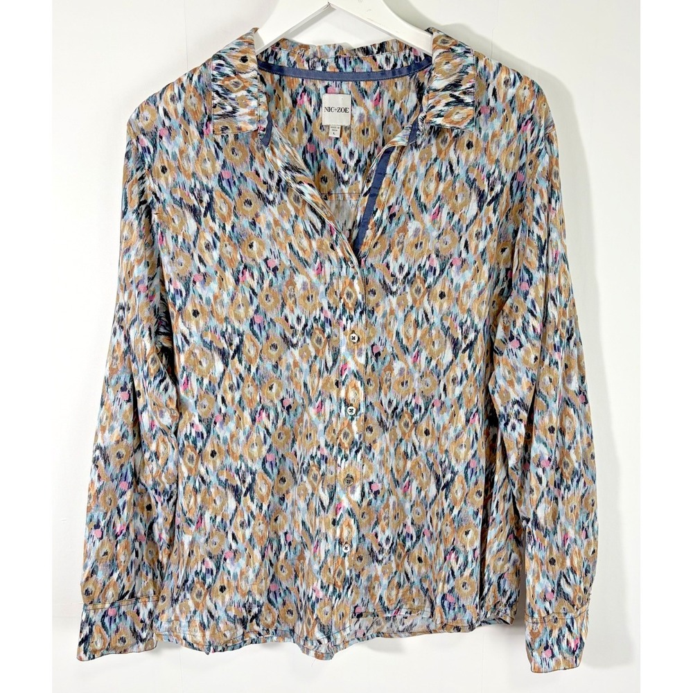 NIC+ZOE Women's Large Button Front Ikat Print Blouse Long Sleeve Boho